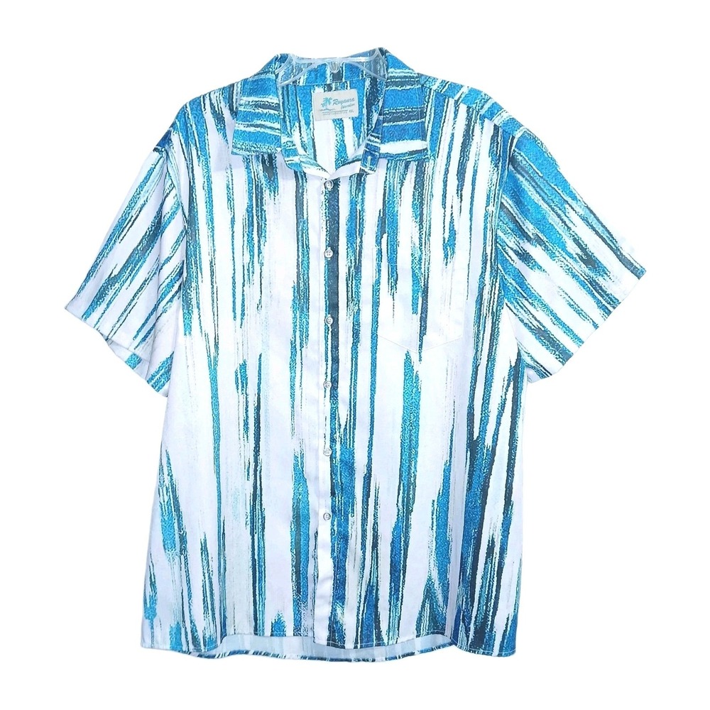 Royaura Hawaiian Men Shirt XXL Ivory Teal Tropical Island Vacation Resort Cruise